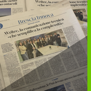 Articolo su Writec pubblicato sul giornale Bresciaoggi, evidenziando l'importanza della comunicazione e documentazione tecnica.