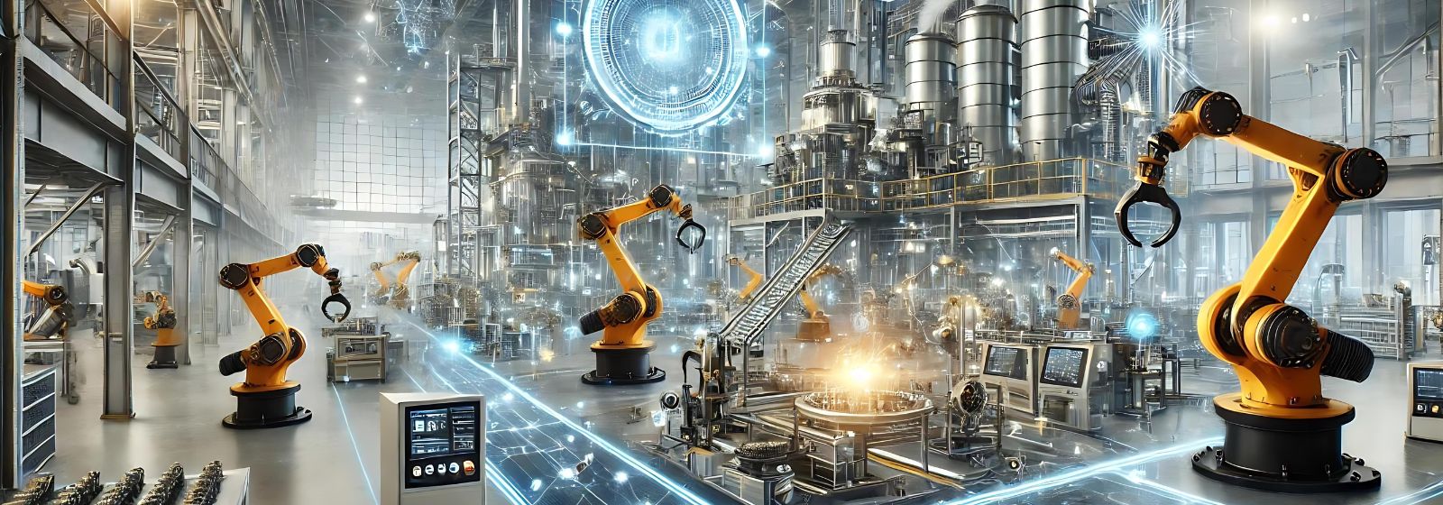 Ambiente di fabbrica futuristico con robot avanzati, macchinari interconnessi e interfacce digitali, rappresentando l'integrazione tecnologica nell'Industria 4.0 e le sfide di conformità alla marcatura CE.