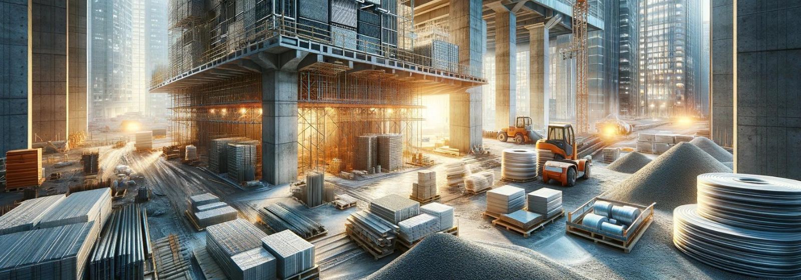 Materiali da costruzione con marcatura CE come cemento, calcestruzzo, materiali isolanti e strutture in acciaio, utilizzati per garantire la sicurezza e la stabilità degli edifici.
