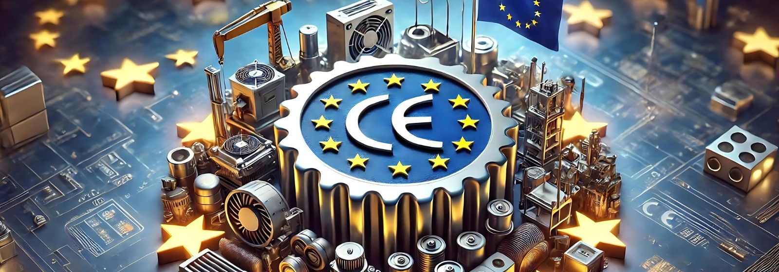 Rappresentazione del marchio CE circondato da vari prodotti industriali e tecnologici, con la bandiera dell'Unione Europea e stelle simboliche in evidenza, simboleggiando la conformità ai requisiti europei di sicurezza e qualità.